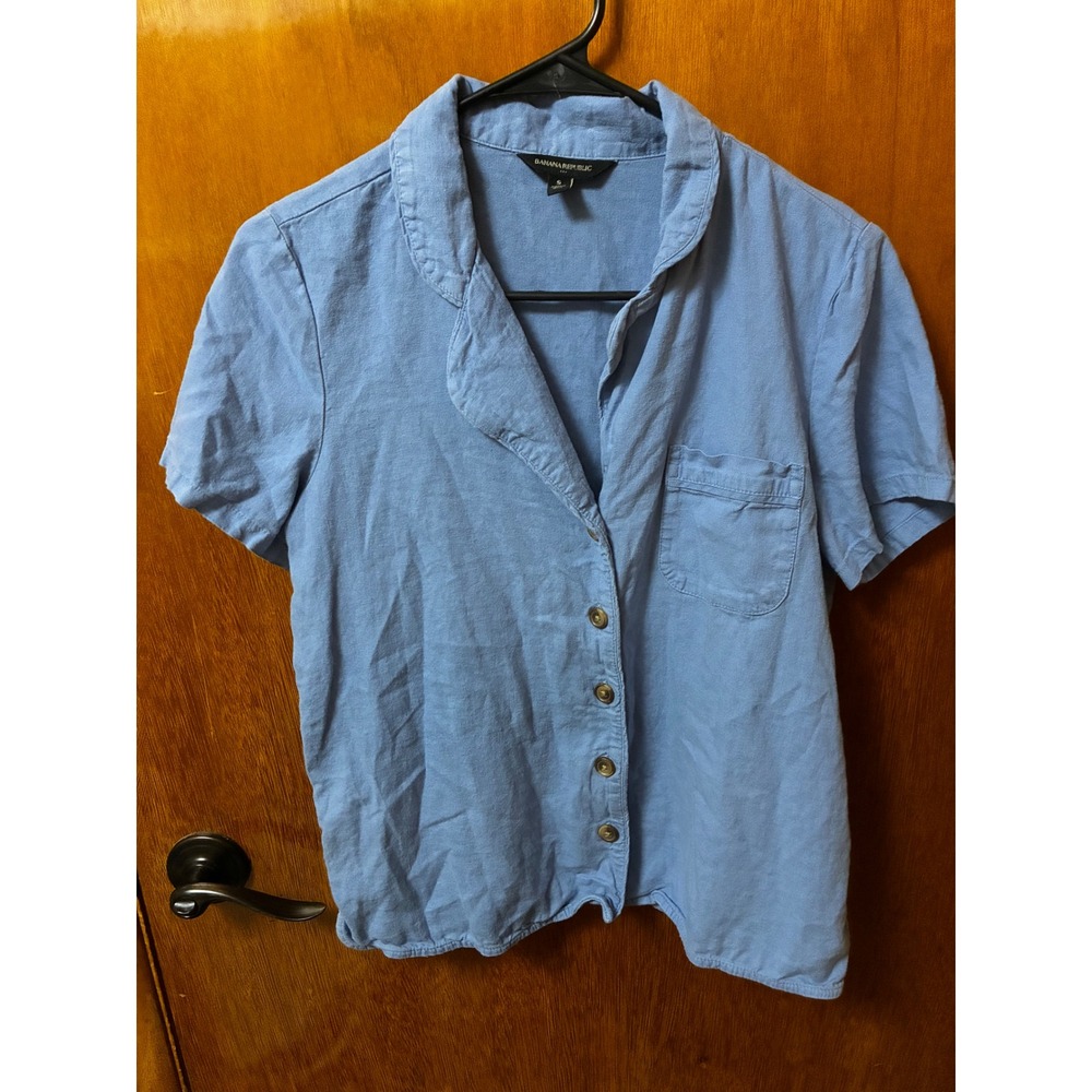 Banana Republic Button Down Women S Blue Linen Blend Short Sleeve Coastal Casual